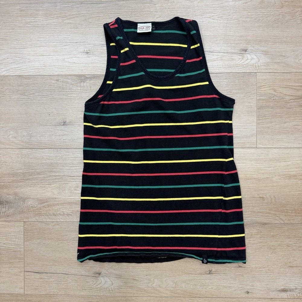 Ron Jon Surf Shop Tank Top Mens XL Black Rasta Stripe Surf Beach Cotton Shirt